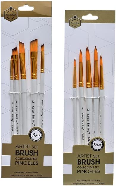 Keep Smiling Brush Set, 5 Brushes, White Handle, Sizes 2 to 10 (Flat)
